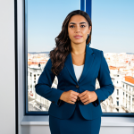 크루원이 빠르게 태스크를 완수하는 방법 - "A confident Latina businesswoman in a stylish, modest business suit, standing in a modern office ov...