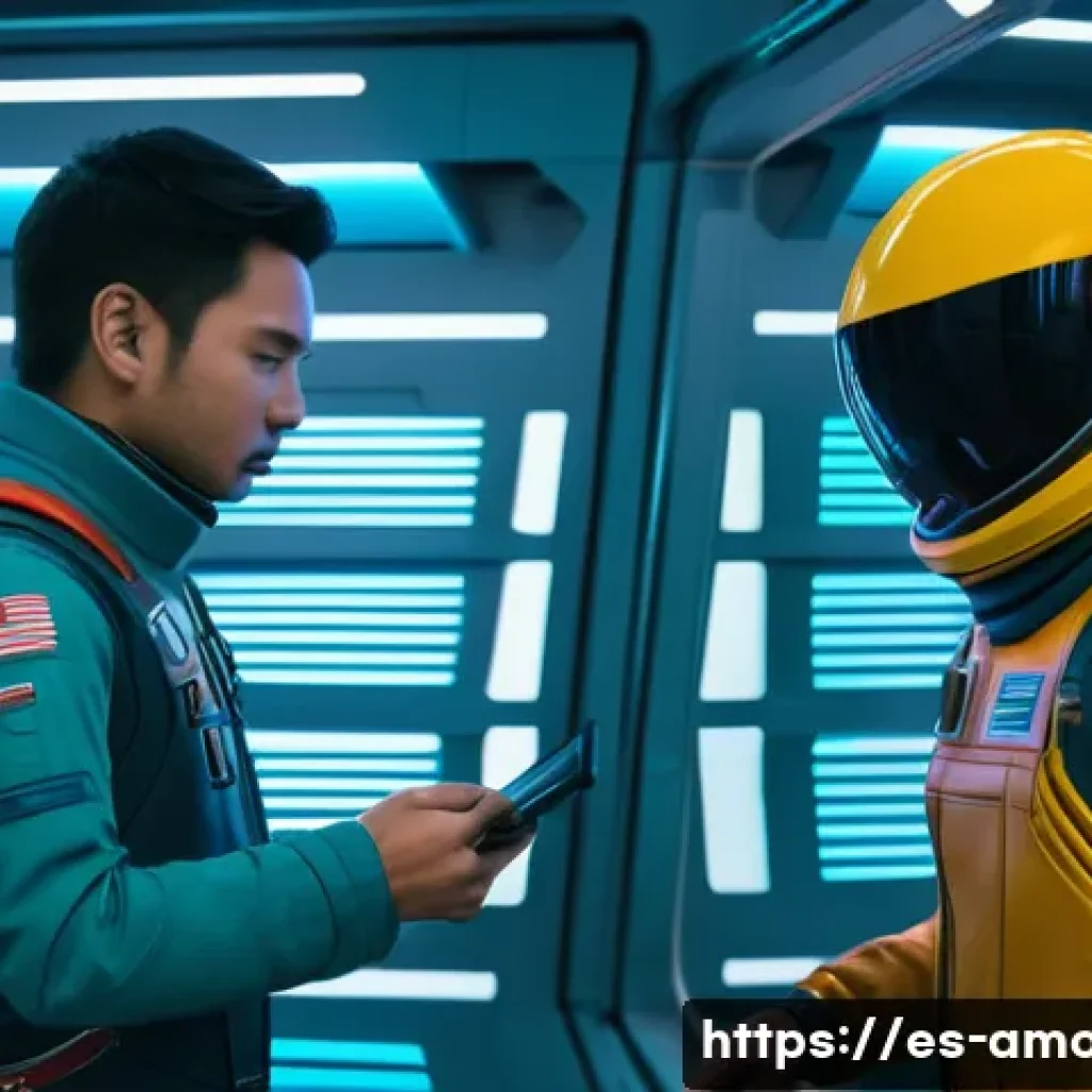 어몽어스 신규 태스크 소개 - A tense scene inside a futuristic spaceship hallway where two players in colorful space suits, weari...