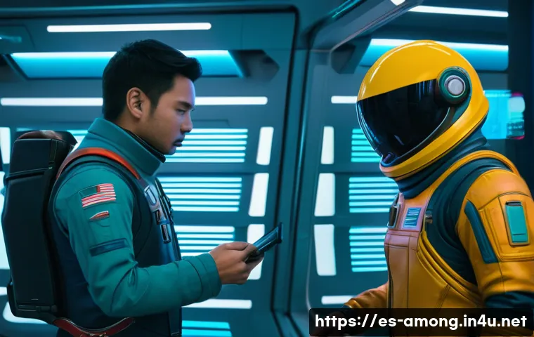 어몽어스 신규 태스크 소개 - A tense scene inside a futuristic spaceship hallway where two players in colorful space suits, weari...