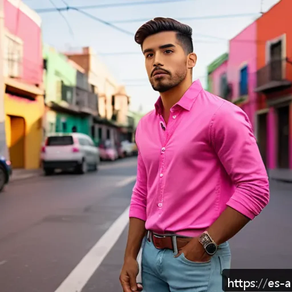 핑크 캐릭터의 상징성 - A confident Hispanic male character in his mid-20s wearing stylish pink casual clothing, blending so...