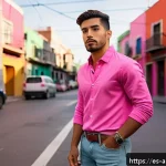 Home 18 핑크 캐릭터의 상징성 - A confident Hispanic male character in his mid-20s wearing stylish pink casual clothing, blending so...