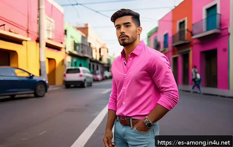 핑크 캐릭터의 상징성 - A confident Hispanic male character in his mid-20s wearing stylish pink casual clothing, blending so...