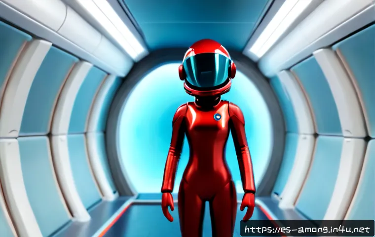 Home 17 어몽어스 빨강 캐릭터의 이미지 - Photorealistic 3D render of a small red bean-shaped space crewmate character with a glossy cyan-tint...